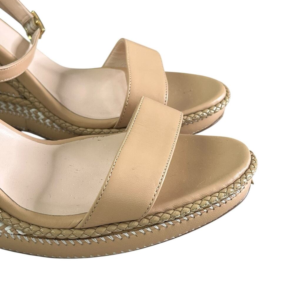Oscar de la Renta Leather Wedge Sandal ITALY Size 40 US 10 Wrap Ankle Strap Nude - Picture 7 of 15